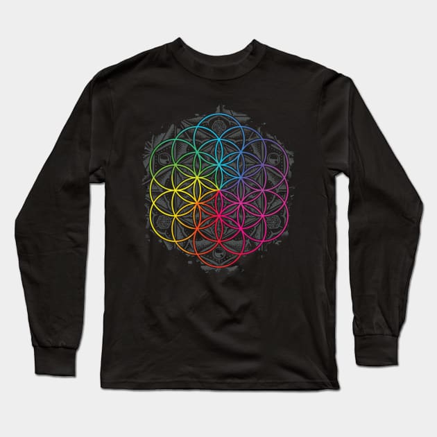 Sacred Geometry Flower of Life Mandala Color 2 Long Sleeve T-Shirt by Roberto Jaras Lira